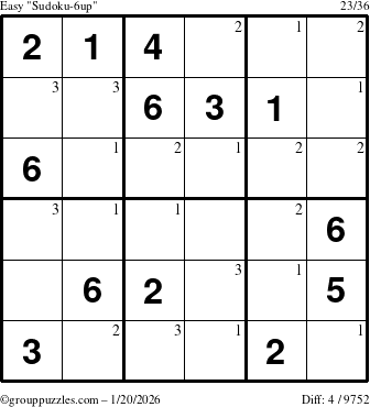 The grouppuzzles.com Easy Sudoku-6up puzzle for Tuesday January 20, 2026 with the first 3 steps marked