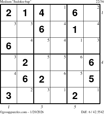 The grouppuzzles.com Medium Sudoku-6up puzzle for Tuesday January 20, 2026 with all 6 steps marked