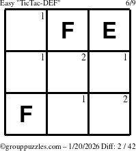 The grouppuzzles.com Easy TicTac-DEF puzzle for Tuesday January 20, 2026 with the first 2 steps marked
