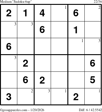 The grouppuzzles.com Medium Sudoku-6up puzzle for Tuesday January 20, 2026 with the first 3 steps marked