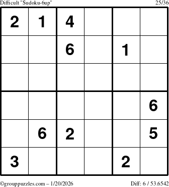 The grouppuzzles.com Difficult Sudoku-6up puzzle for Tuesday January 20, 2026