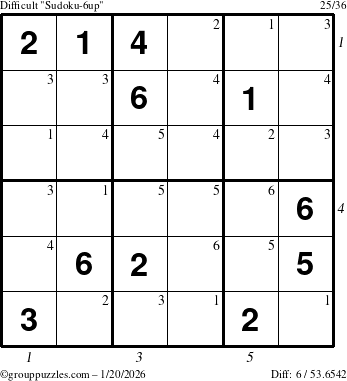 The grouppuzzles.com Difficult Sudoku-6up puzzle for Tuesday January 20, 2026 with all 6 steps marked