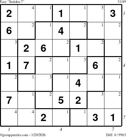 The grouppuzzles.com Easy Sudoku-7 puzzle for Tuesday January 20, 2026 with all 4 steps marked