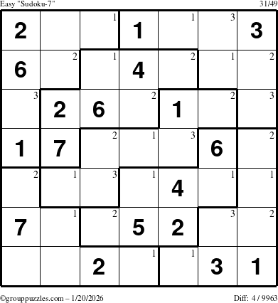 The grouppuzzles.com Easy Sudoku-7 puzzle for Tuesday January 20, 2026 with the first 3 steps marked