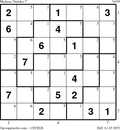 The grouppuzzles.com Medium Sudoku-7 puzzle for Tuesday January 20, 2026 with all 6 steps marked