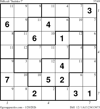 The grouppuzzles.com Difficult Sudoku-7 puzzle for Tuesday January 20, 2026, suitable for printing, with all 12 steps marked