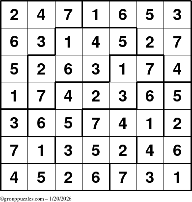 The grouppuzzles.com Answer grid for the Sudoku-7 puzzle for Tuesday January 20, 2026