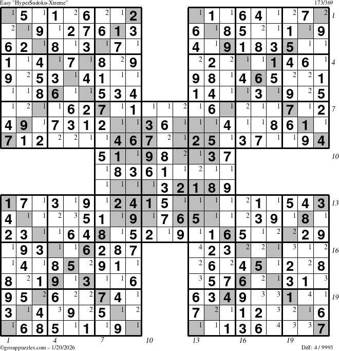 The grouppuzzles.com Easy HyperSudoku-Xtreme puzzle for Tuesday January 20, 2026 with all 4 steps marked