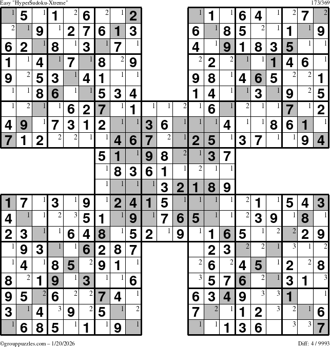 The grouppuzzles.com Easy HyperSudoku-Xtreme puzzle for Tuesday January 20, 2026 with the first 3 steps marked