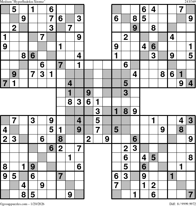 The grouppuzzles.com Medium HyperSudoku-Xtreme puzzle for Tuesday January 20, 2026
