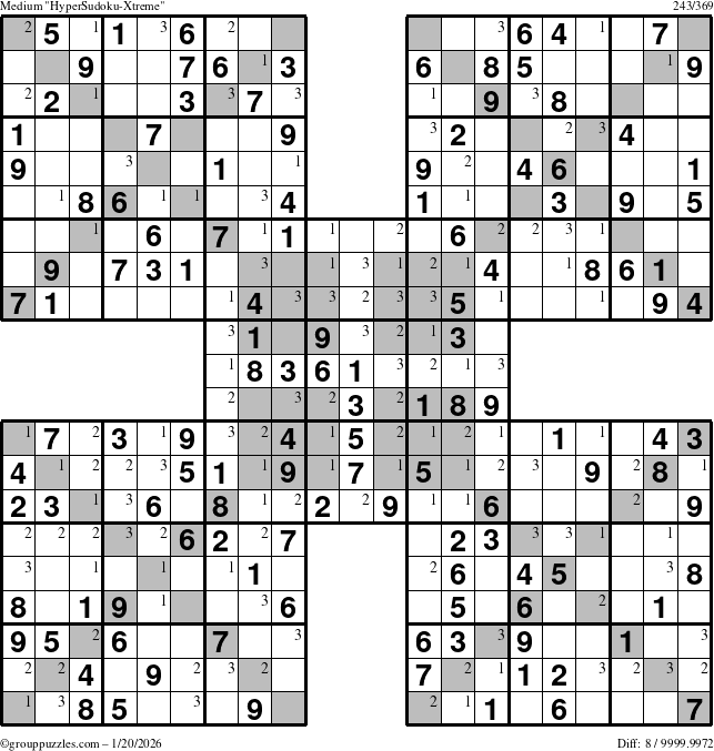 The grouppuzzles.com Medium HyperSudoku-Xtreme puzzle for Tuesday January 20, 2026 with the first 3 steps marked