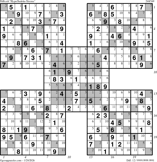 The grouppuzzles.com Difficult HyperSudoku-Xtreme puzzle for Tuesday January 20, 2026, suitable for printing, with all 12 steps marked