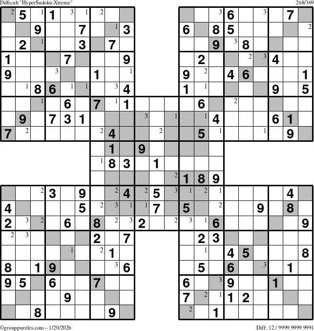 The grouppuzzles.com Difficult HyperSudoku-Xtreme puzzle for Tuesday January 20, 2026 with the first 3 steps marked