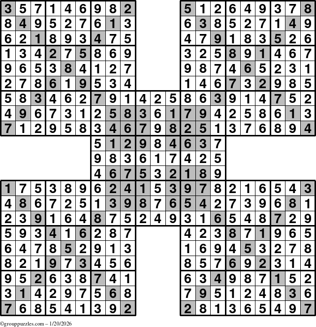 The grouppuzzles.com Answer grid for the HyperSudoku-Xtreme puzzle for Tuesday January 20, 2026
