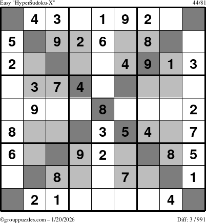 The grouppuzzles.com Easy HyperSudoku-X puzzle for Tuesday January 20, 2026
