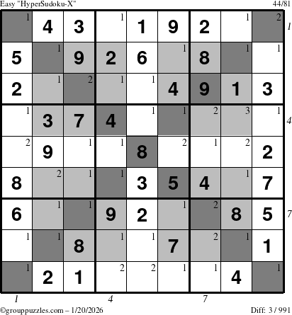 The grouppuzzles.com Easy HyperSudoku-X puzzle for Tuesday January 20, 2026, suitable for printing, with all 3 steps marked