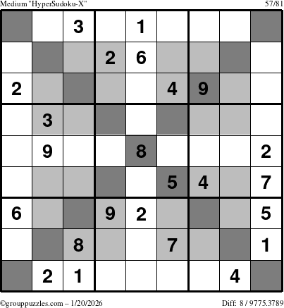 The grouppuzzles.com Medium HyperSudoku-X puzzle for Tuesday January 20, 2026