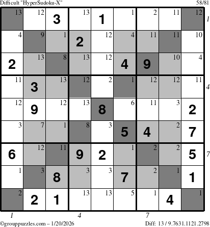The grouppuzzles.com Difficult HyperSudoku-X puzzle for Tuesday January 20, 2026, suitable for printing, with all 13 steps marked