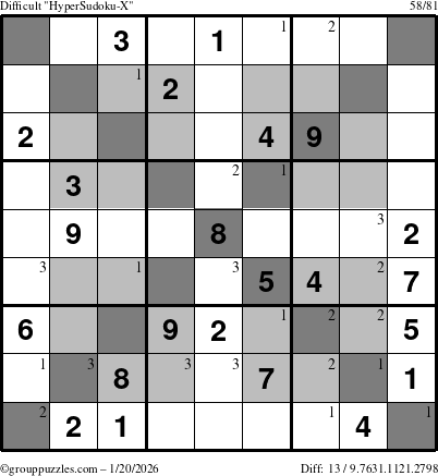 The grouppuzzles.com Difficult HyperSudoku-X puzzle for Tuesday January 20, 2026 with the first 3 steps marked
