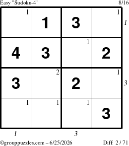 The grouppuzzles.com Easy Sudoku-4 puzzle for Thursday June 25, 2026 with all 2 steps marked