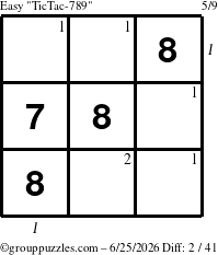 The grouppuzzles.com Easy TicTac-789 puzzle for Thursday June 25, 2026 with all 2 steps marked