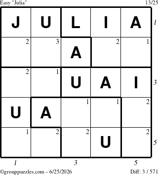 The grouppuzzles.com Easy Julia puzzle for Thursday June 25, 2026 with all 3 steps marked