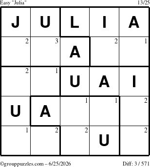 The grouppuzzles.com Easy Julia puzzle for Thursday June 25, 2026 with the first 3 steps marked