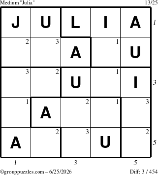 The grouppuzzles.com Medium Julia puzzle for Thursday June 25, 2026, suitable for printing, with all 3 steps marked