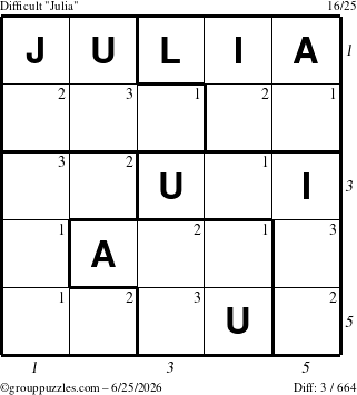 The grouppuzzles.com Difficult Julia puzzle for Thursday June 25, 2026 with all 3 steps marked