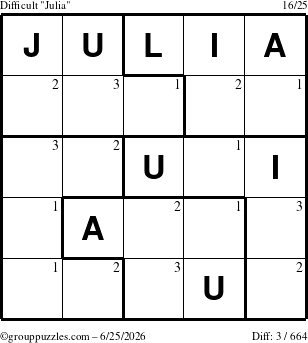 The grouppuzzles.com Difficult Julia puzzle for Thursday June 25, 2026 with the first 3 steps marked