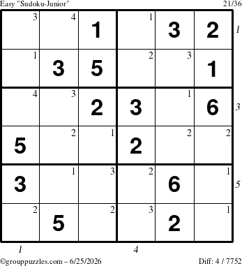 The grouppuzzles.com Easy Sudoku-Junior puzzle for Thursday June 25, 2026, suitable for printing, with all 4 steps marked