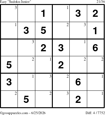The grouppuzzles.com Easy Sudoku-Junior puzzle for Thursday June 25, 2026 with the first 3 steps marked