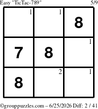 The grouppuzzles.com Easy TicTac-789 puzzle for Thursday June 25, 2026 with the first 2 steps marked
