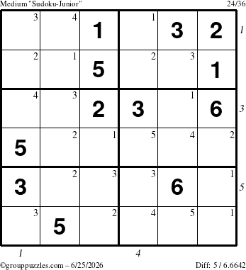 The grouppuzzles.com Medium Sudoku-Junior puzzle for Thursday June 25, 2026, suitable for printing, with all 5 steps marked