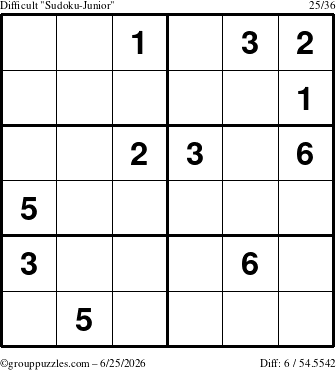 The grouppuzzles.com Difficult Sudoku-Junior puzzle for Thursday June 25, 2026