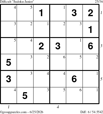 The grouppuzzles.com Difficult Sudoku-Junior puzzle for Thursday June 25, 2026, suitable for printing, with all 6 steps marked