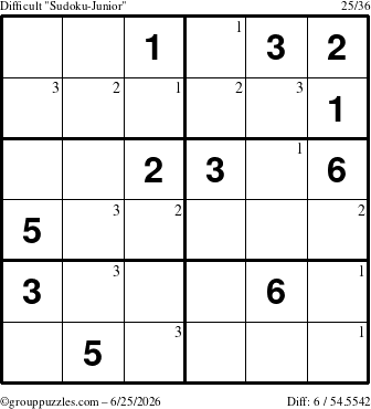 The grouppuzzles.com Difficult Sudoku-Junior puzzle for Thursday June 25, 2026 with the first 3 steps marked