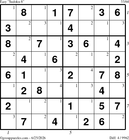 The grouppuzzles.com Easy Sudoku-8 puzzle for Thursday June 25, 2026 with all 4 steps marked