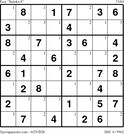 The grouppuzzles.com Easy Sudoku-8 puzzle for Thursday June 25, 2026 with the first 3 steps marked