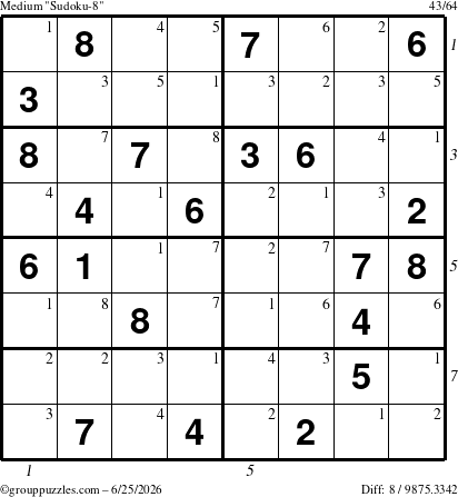 The grouppuzzles.com Medium Sudoku-8 puzzle for Thursday June 25, 2026, suitable for printing, with all 8 steps marked