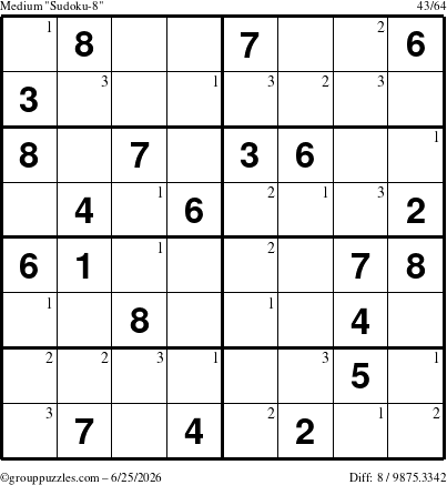 The grouppuzzles.com Medium Sudoku-8 puzzle for Thursday June 25, 2026 with the first 3 steps marked