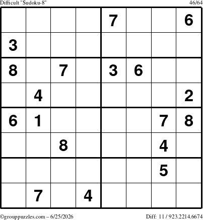 The grouppuzzles.com Difficult Sudoku-8 puzzle for Thursday June 25, 2026