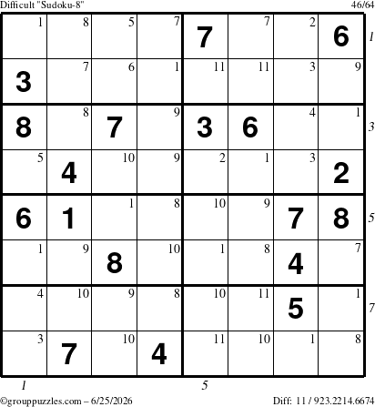 The grouppuzzles.com Difficult Sudoku-8 puzzle for Thursday June 25, 2026, suitable for printing, with all 11 steps marked