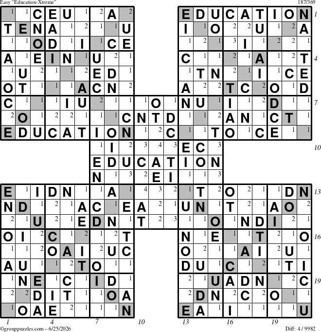 The grouppuzzles.com Easy Education-Xtreme puzzle for Thursday June 25, 2026 with all 4 steps marked