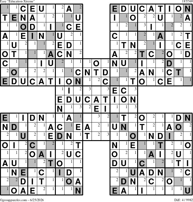 The grouppuzzles.com Easy Education-Xtreme puzzle for Thursday June 25, 2026 with the first 3 steps marked
