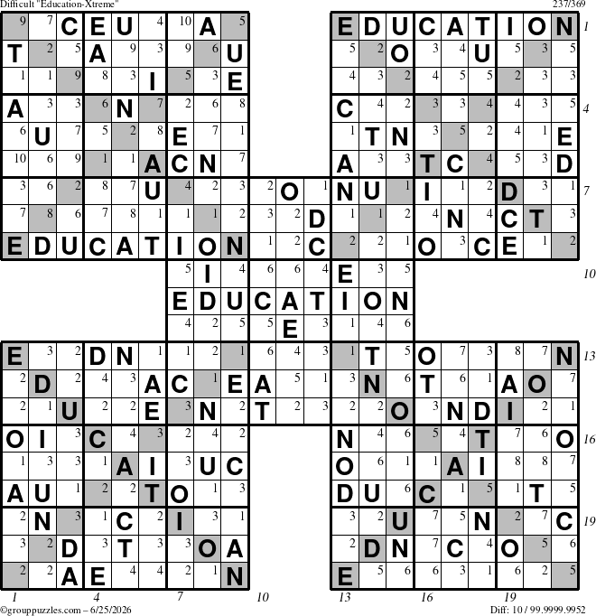 The grouppuzzles.com Difficult Education-Xtreme puzzle for Thursday June 25, 2026 with all 10 steps marked