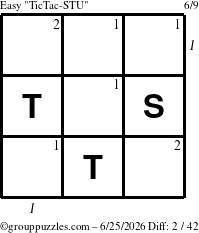 The grouppuzzles.com Easy TicTac-STU puzzle for Thursday June 25, 2026 with all 2 steps marked