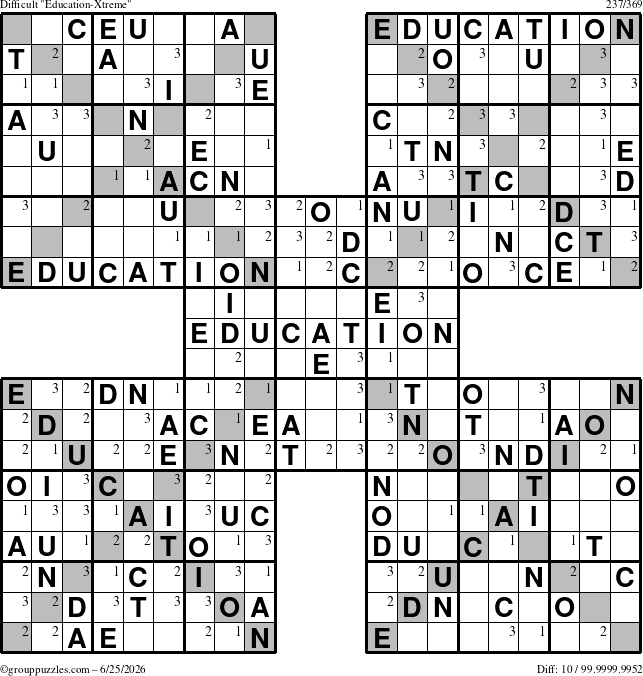 The grouppuzzles.com Difficult Education-Xtreme puzzle for Thursday June 25, 2026 with the first 3 steps marked