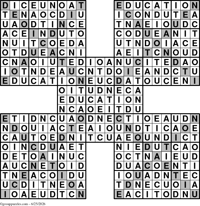 The grouppuzzles.com Answer grid for the Education-Xtreme puzzle for Thursday June 25, 2026
