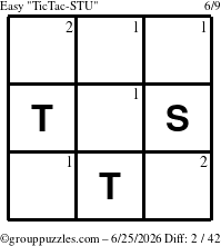 The grouppuzzles.com Easy TicTac-STU puzzle for Thursday June 25, 2026 with the first 2 steps marked